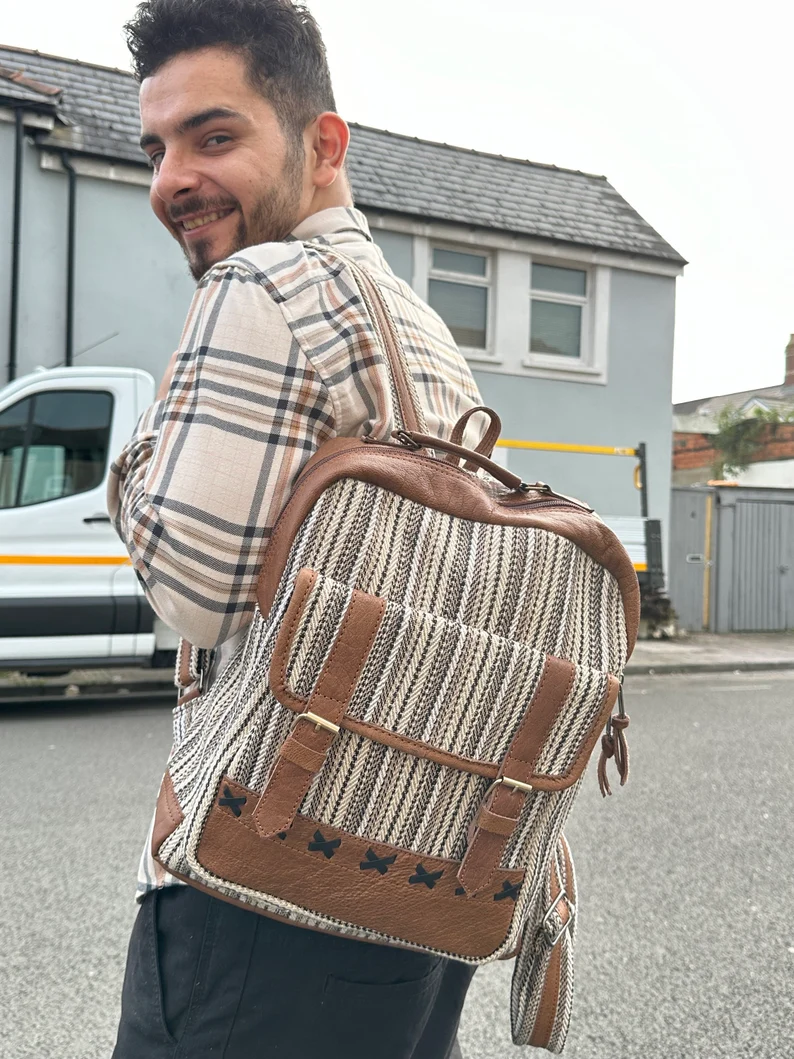 Stylish Unisex Gheri ,Cotton & Leather Mixed Backpack