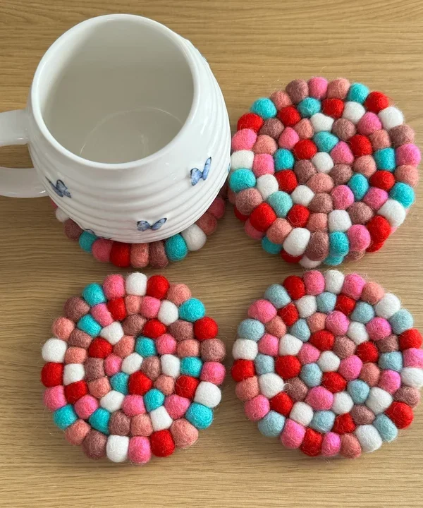 Felt Ball Tea Coasters Set of Five Pieces