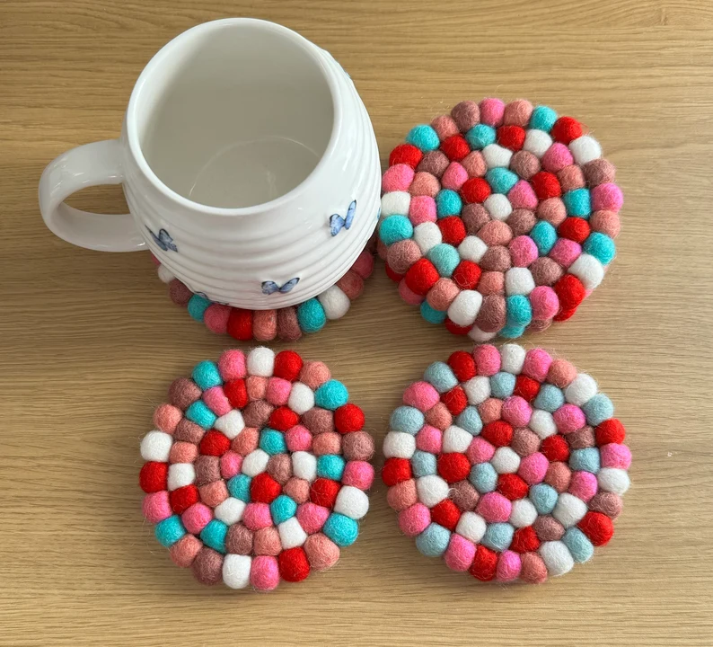 Felt Ball Tea Coasters Set of Five Pieces