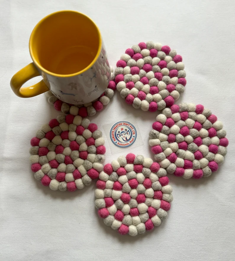 Felt Ball Tea Coasters Set of Five Pieces