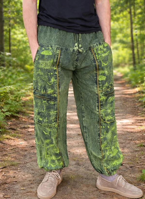 Himalayan Cotton Cargo Pants | Mushroom Print Boho Hippie Trousers