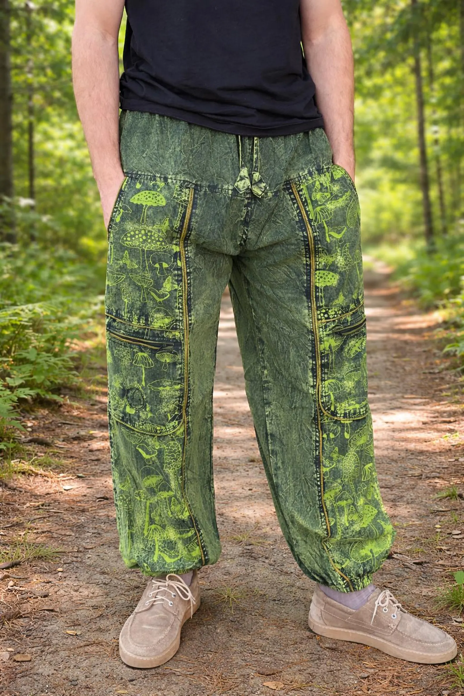 Himalayan Cotton Cargo Pants | Mushroom Print Boho Hippie Trousers