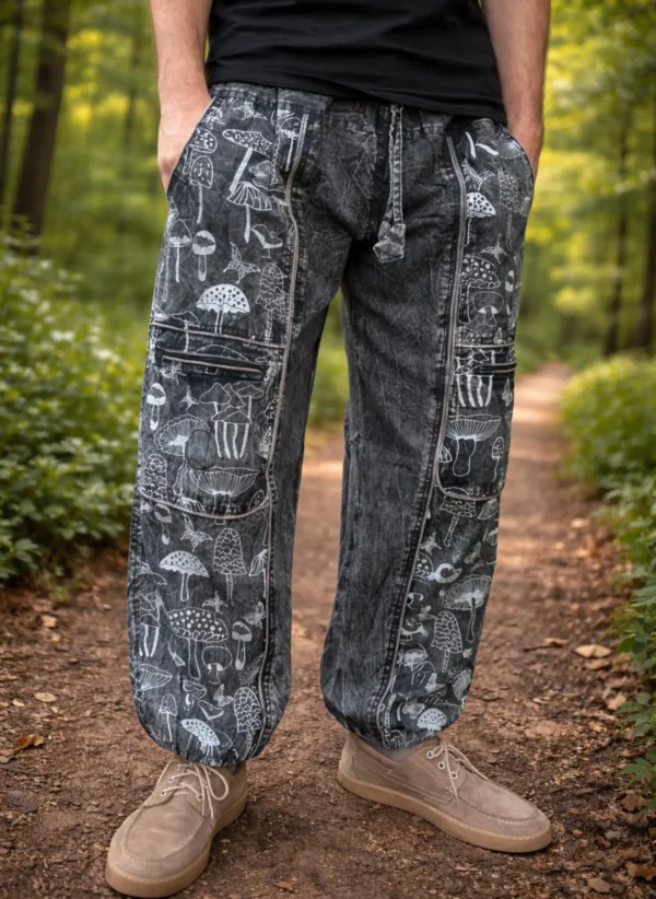 Handmade Cotton Cargo Pants | Mushroom Print Boho Hippie Trousers