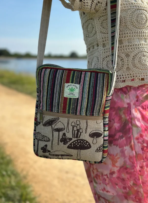 Mushroom Print Hemp Crossbody Bag: Handmade Mini Boho Style
