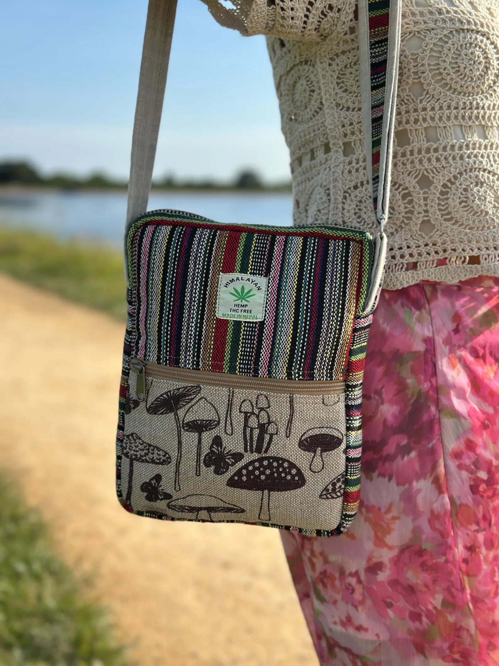 Mushroom Print Hemp Crossbody Bag: Handmade Mini Boho Style