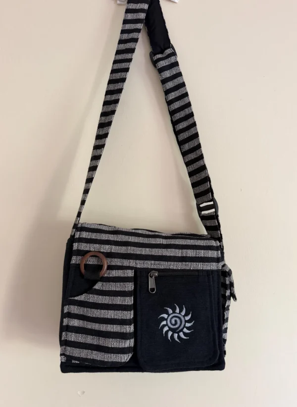 Handwoven Cotton Crossbody Bag | Striped Boho Messenger Bag with Wooden Ring Accent