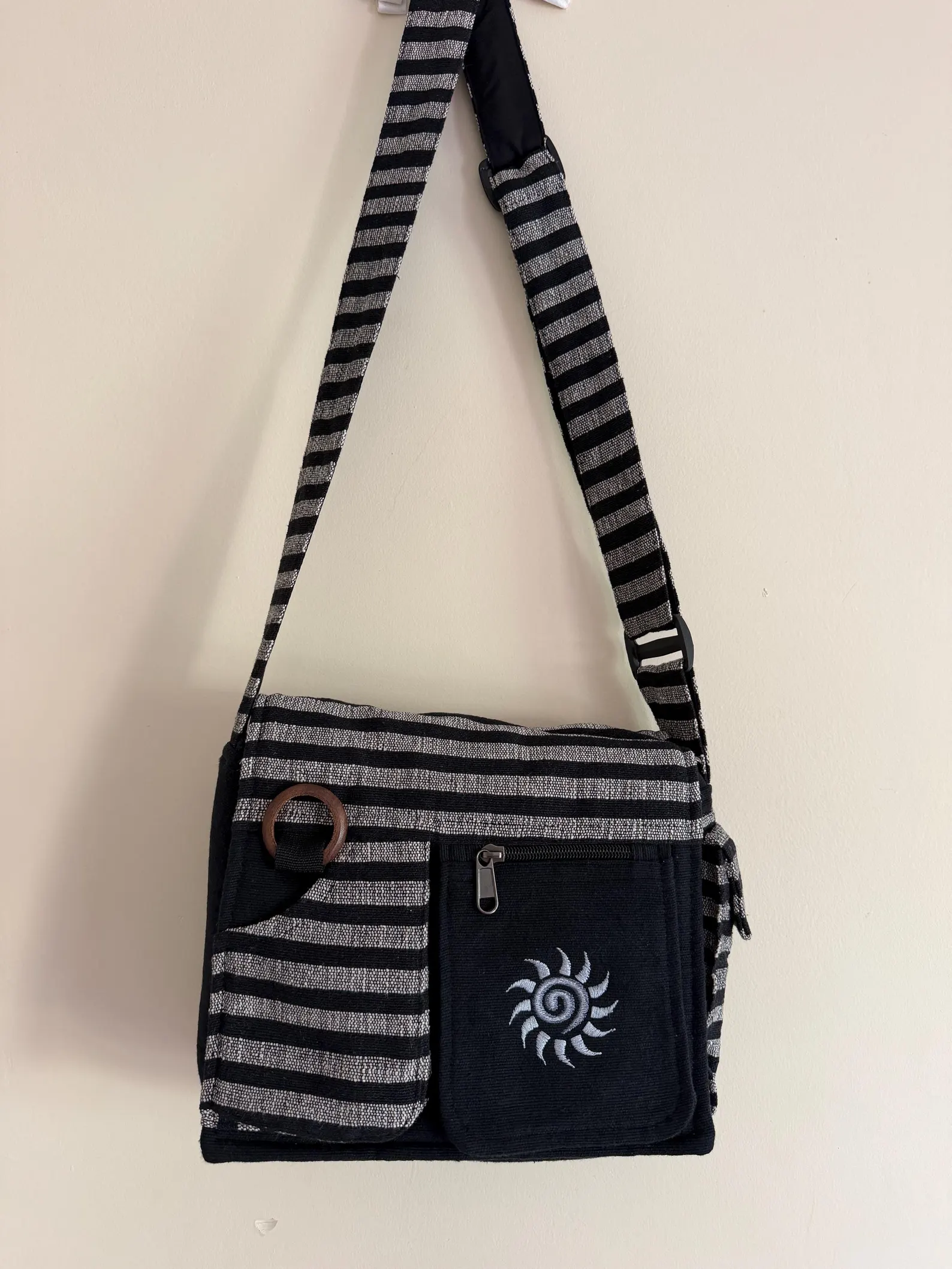 Handwoven Cotton Crossbody Bag | Striped Boho Messenger Bag with Wooden Ring Accent