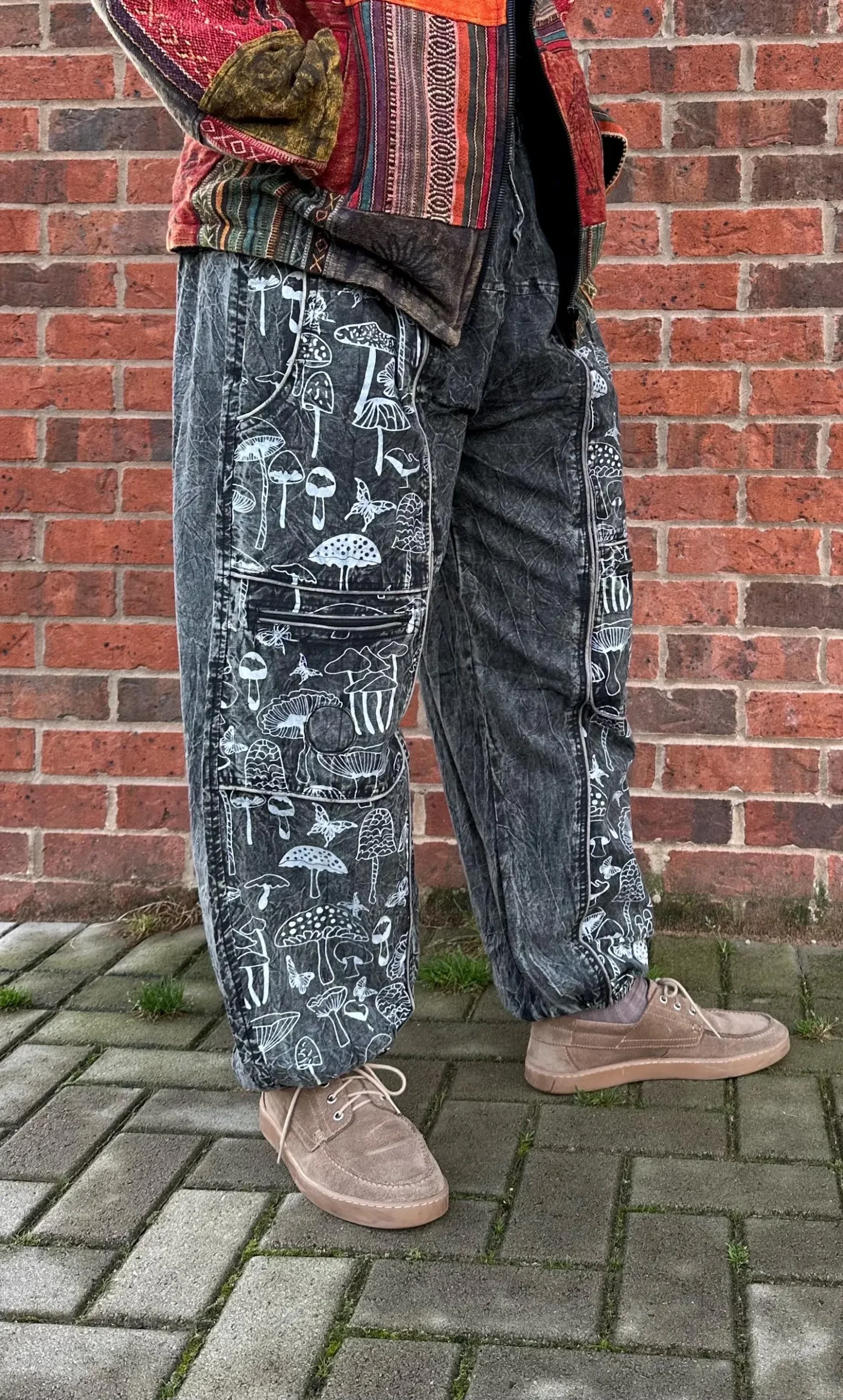 Handmade Cotton Cargo Pants | Mushroom Print Boho Hippie Trousers - Image 5