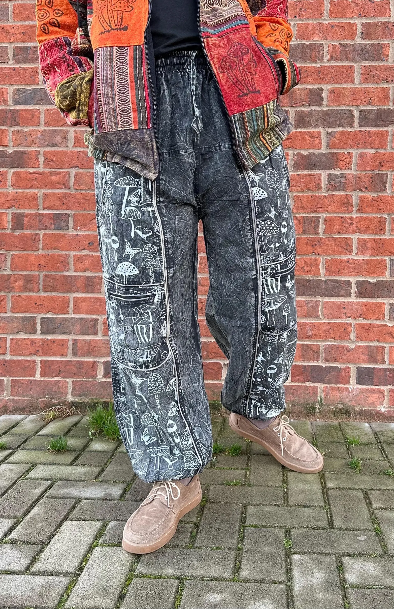 Handmade Cotton Cargo Pants | Mushroom Print Boho Hippie Trousers - Image 3