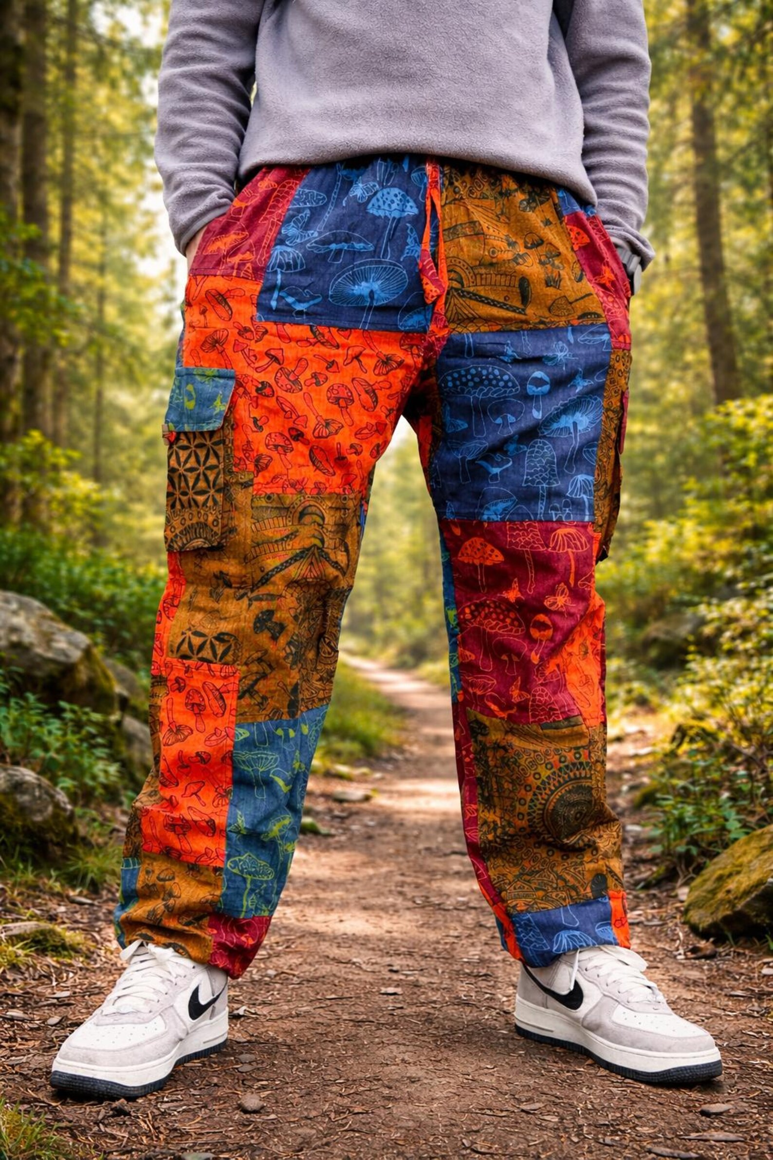 Mushroom Print Cotton Cargo Pants | Unisex Boho Hippie Trousers