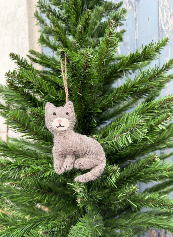 Handmade Needle Felt Grey Cat Christmas Ornament