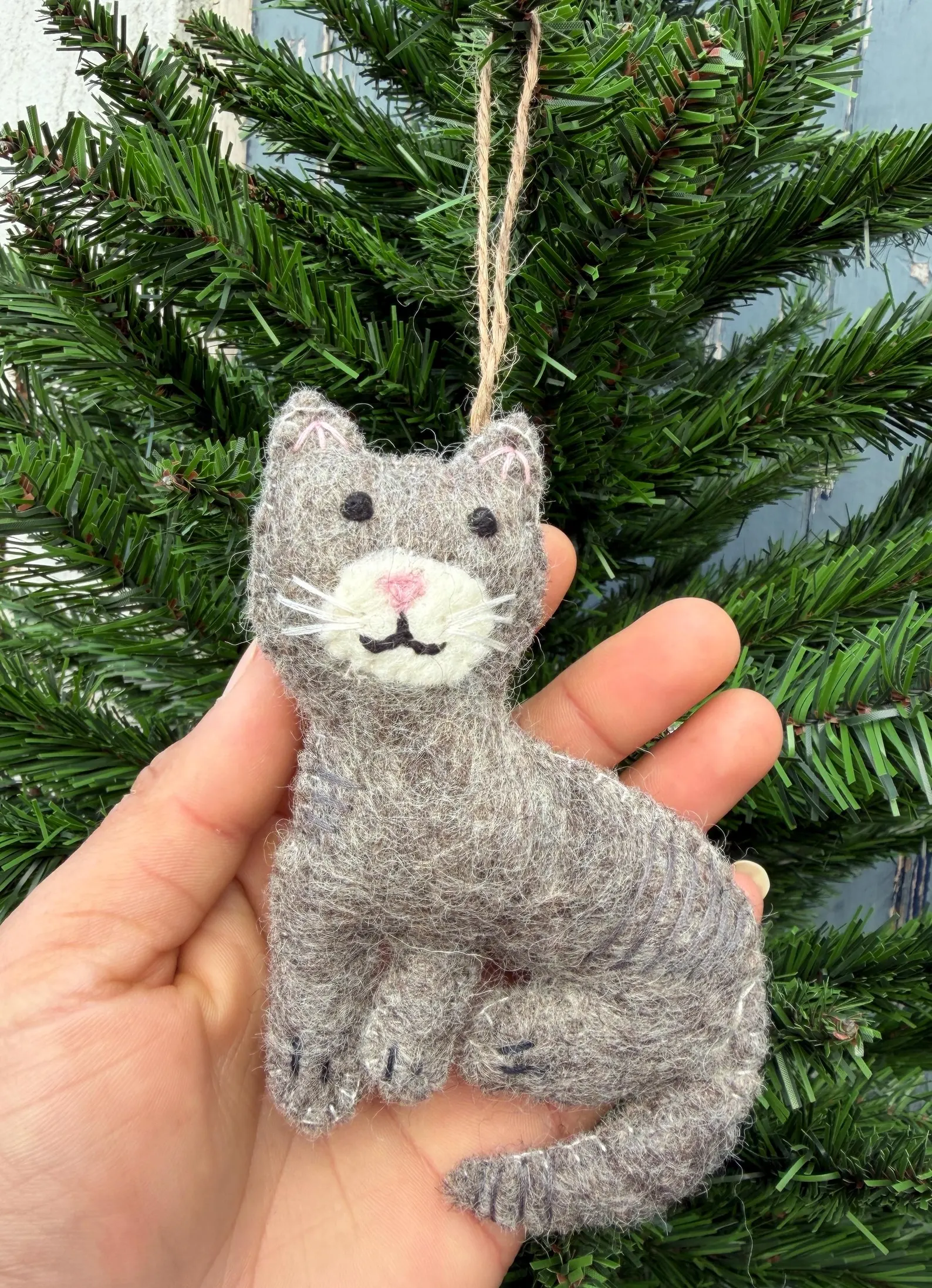 Handmade Needle Felt Grey Cat Christmas Ornament - Image 4