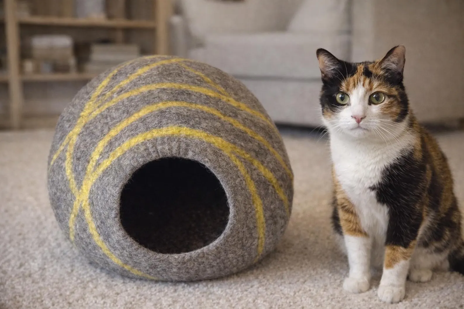 Handmade Felt Cat Cave | Modern Wool Kitten Bed, 44cm