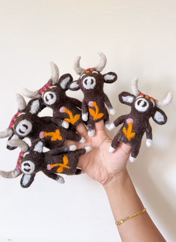 Needle Felted Cow Finger Puppet | Handmade Wool Toy