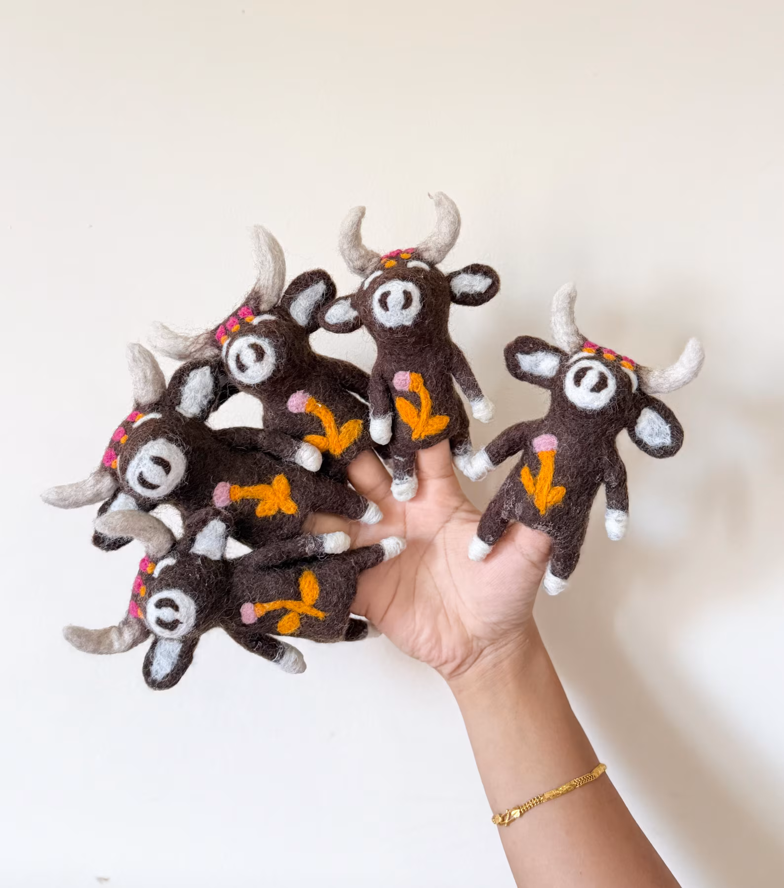 Needle Felted Cow Finger Puppet | Handmade Wool Toy