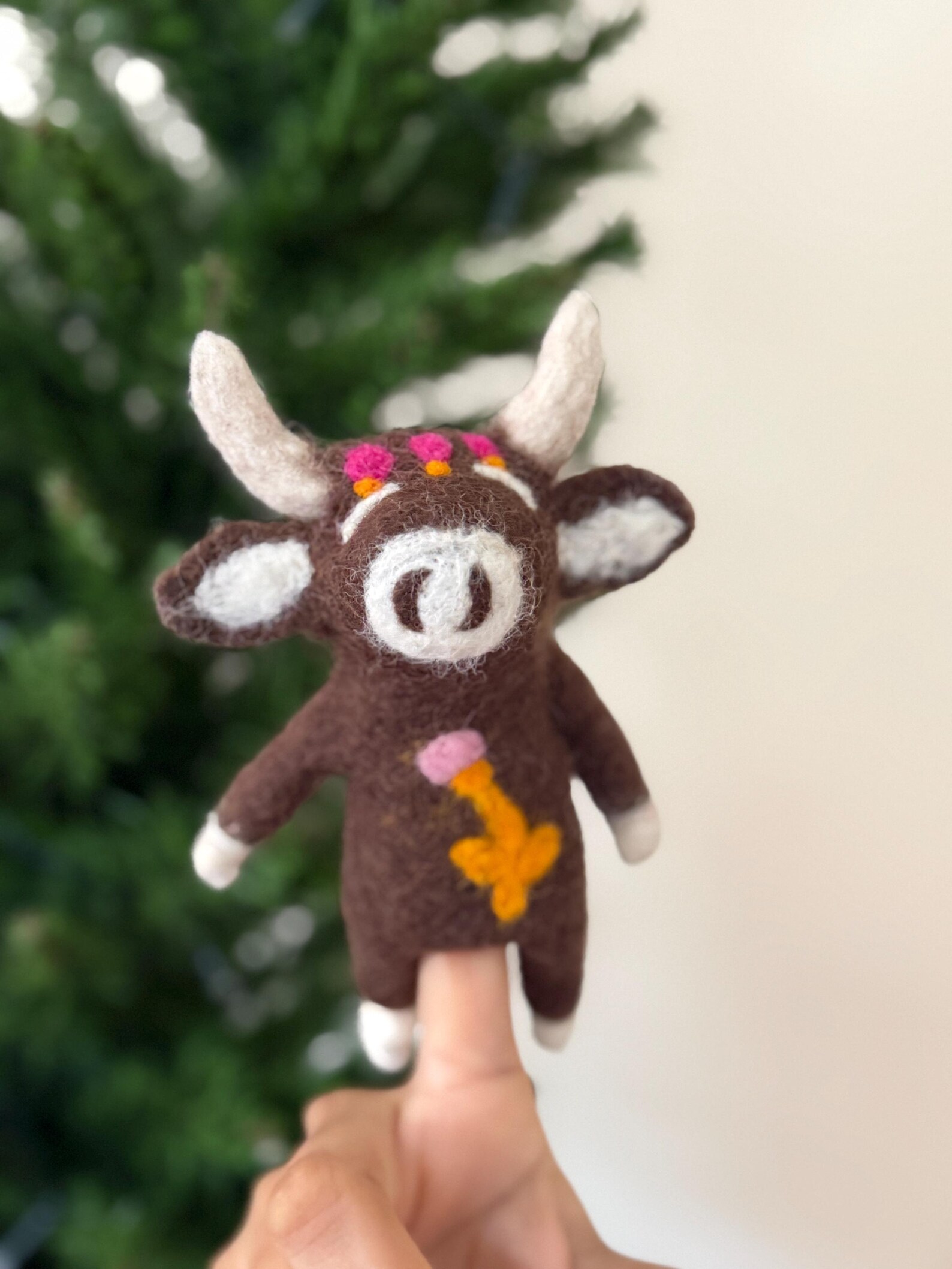 Needle Felted Cow Finger Puppet | Handmade Wool Toy - Image 6