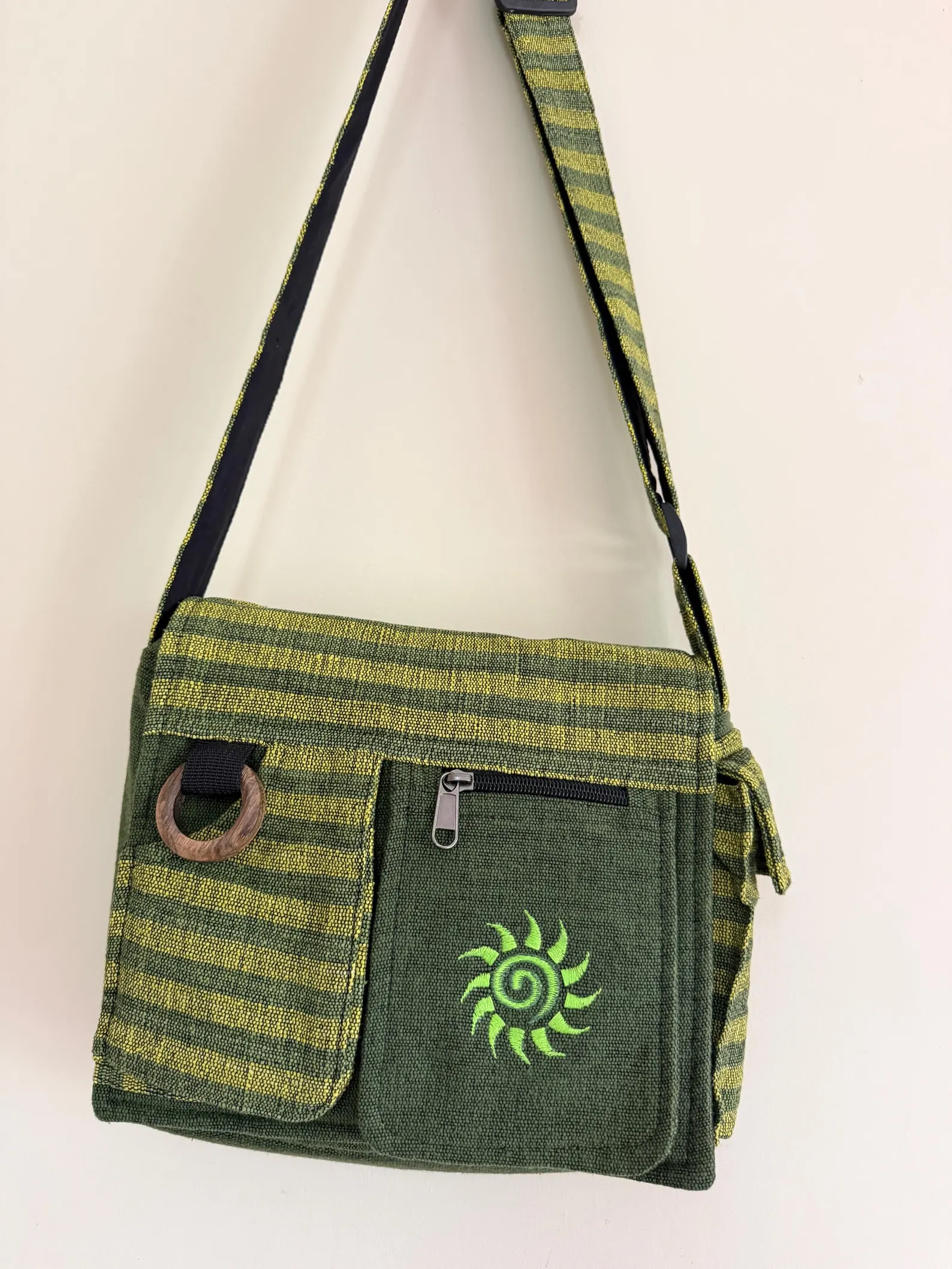 Handwoven Cotton Crossbody Bag | Striped Boho Messenger Bag with Wooden Ring Accent - Image 3