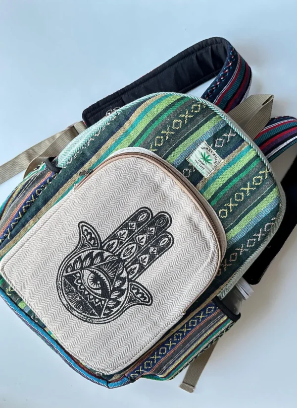 Hamsa Print Himalayan Hemp Backpack: Eco-Friendly Organic Cotton Rucksack bag