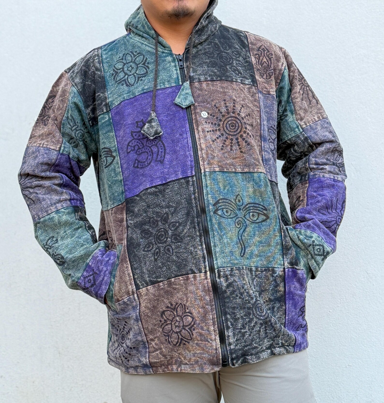 Unisex Fleece Lined Patchwork Jacket: Himalayan Gheri Cotton
