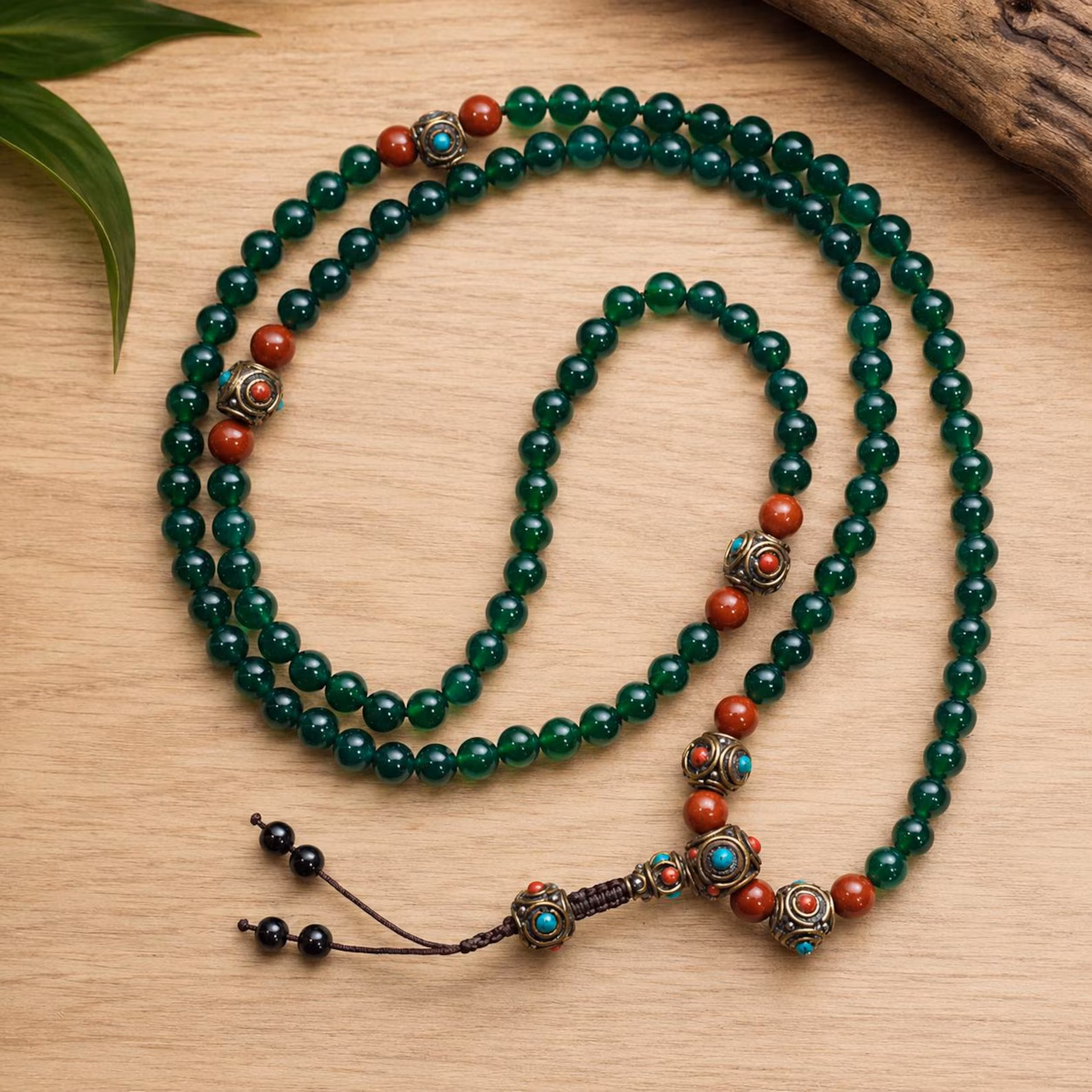 Natural Green Jade Mala | 108 Beads Prosperity Spiritual Healing Meditation Handmade Japamala Prayer Bracelet