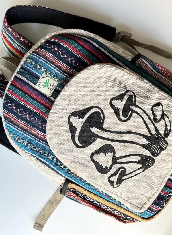 Mushroom Print Hemp Backpack: Handmade Organic Cotton Rucksack