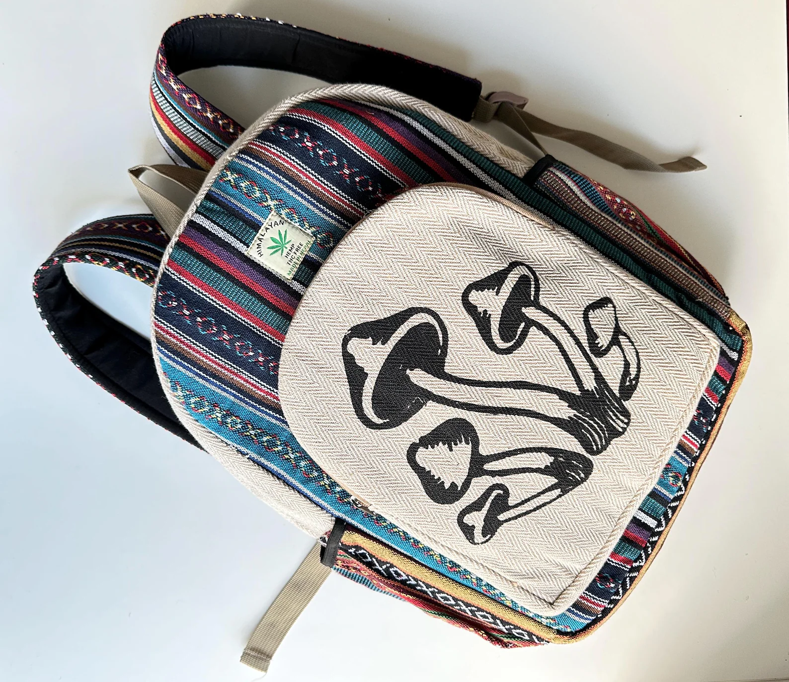 Mushroom Print Hemp Backpack: Handmade Organic Cotton Rucksack