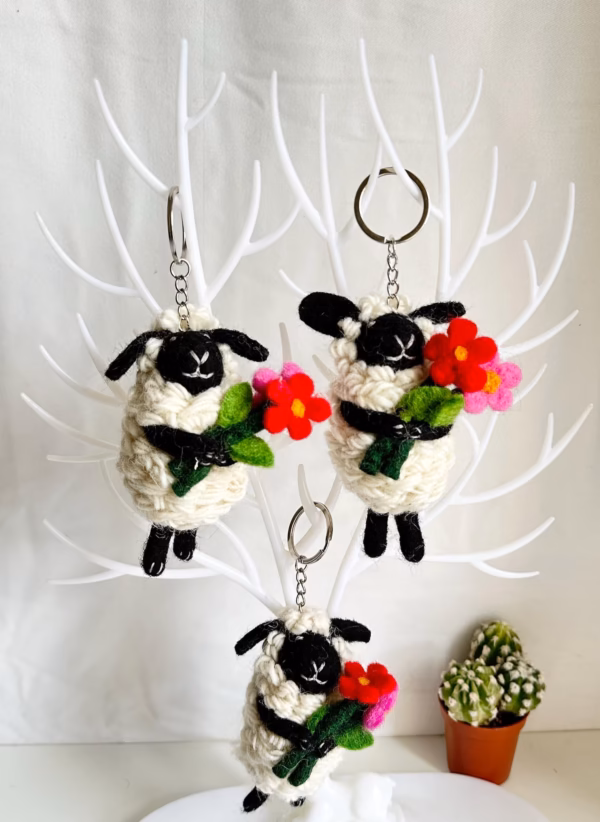 Needle Felted Sheep Keychain: Wool Ornament with Flowers, Fair Trade