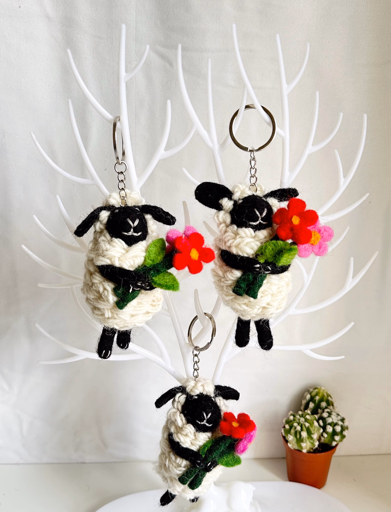 Needle Felted Sheep Keychain: Wool Ornament with Flowers, Fair Trade