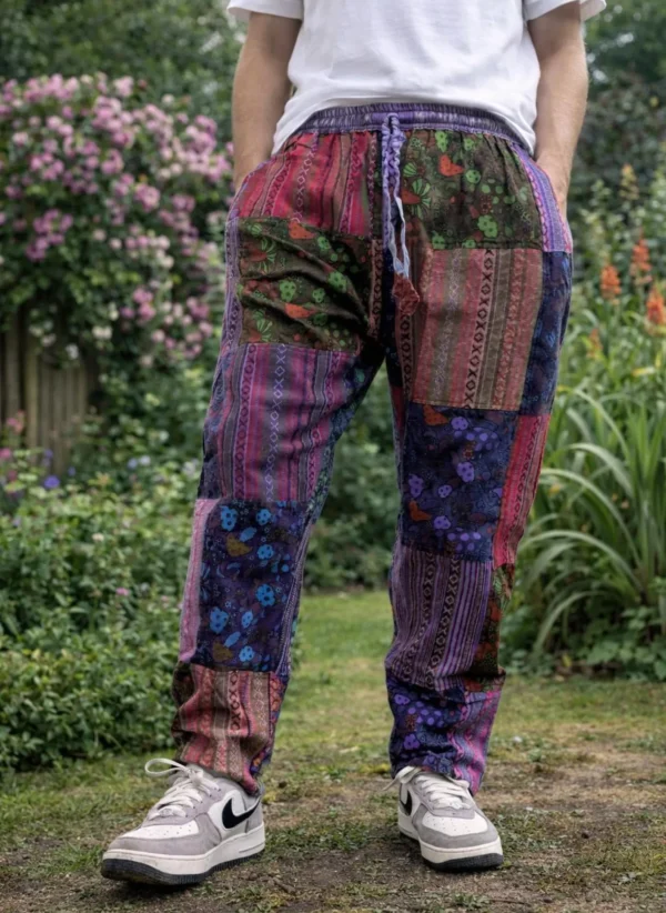Himalayan Mushroom Printed Patchwork Cotton Trousers | Handmade Boho Hippie Pants