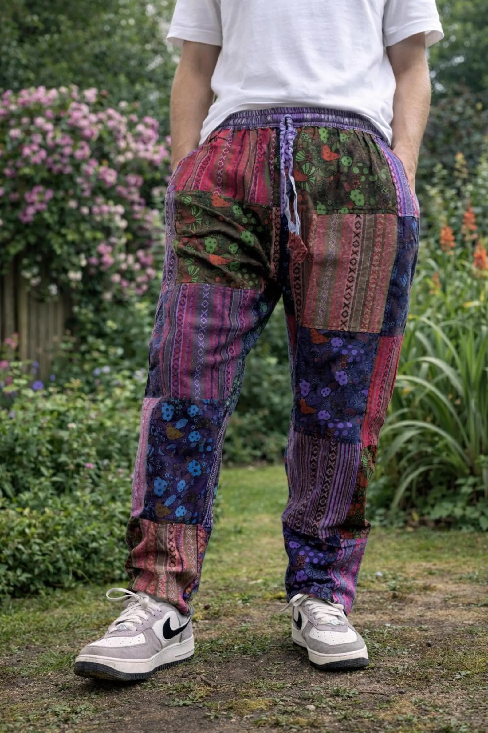 Himalayan Mushroom Printed Patchwork Cotton Trousers | Handmade Boho Hippie Pants