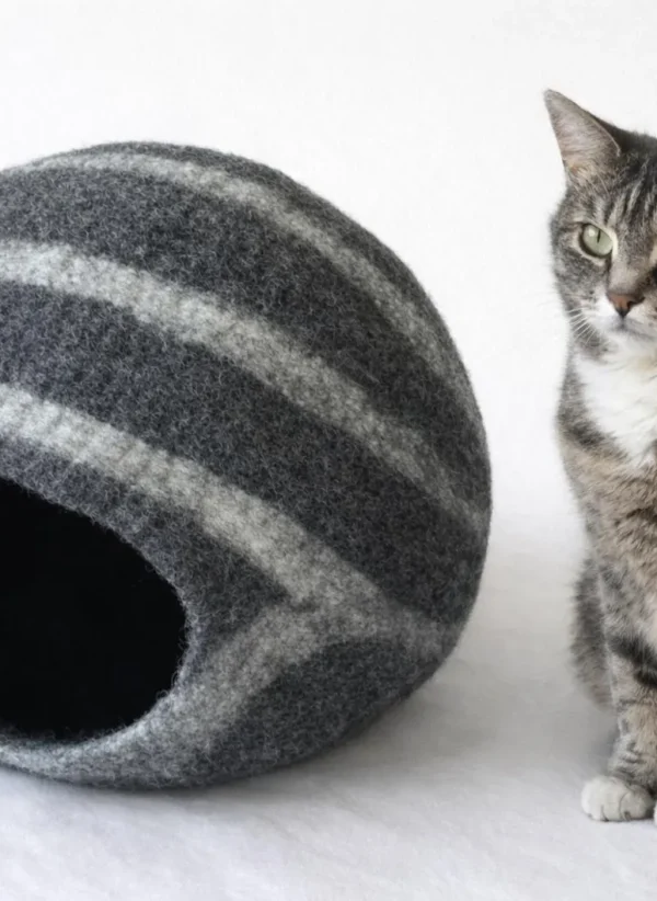 Handmade Felted Wool Cat Cave: Modern Striped Cat House (42cm)