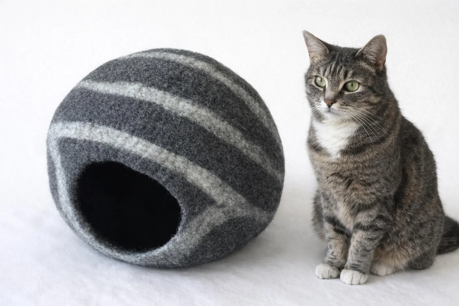 Handmade Felted Wool Cat Cave: Modern Striped Cat House (42cm)