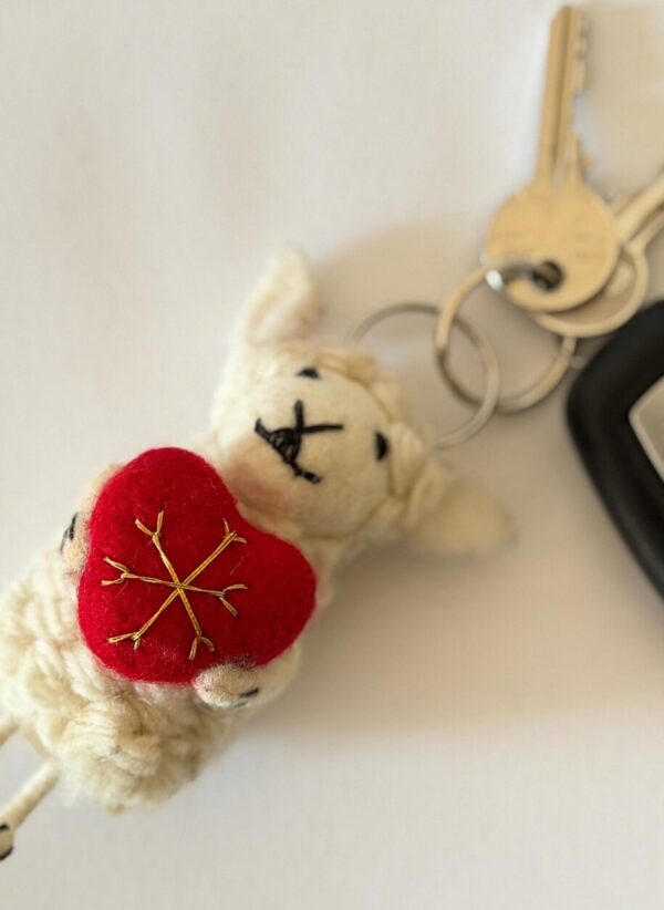 Needle Felted Sheep with heart Keychain: Fair Trade Wool Ornament