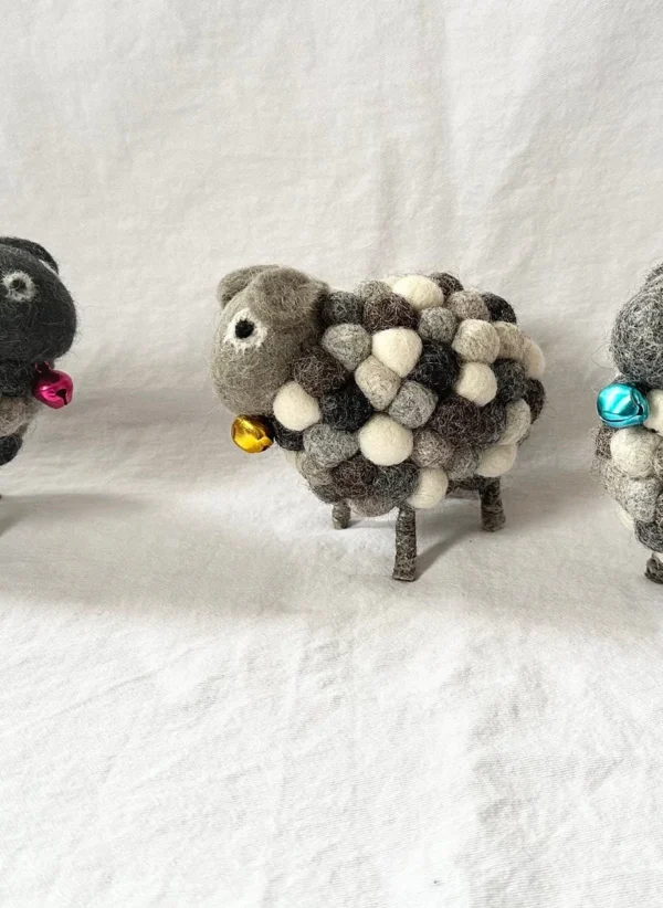 Handmade Felt Ball Sheep Ornament: Grey Wool Decor