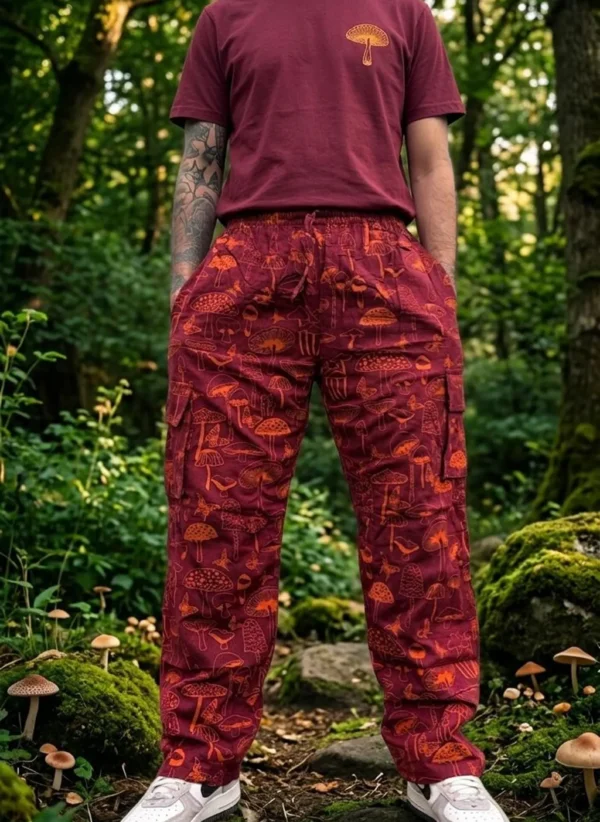 Mushroom Print Cotton Cargo Pants | Unisex Boho Hippie Trousers