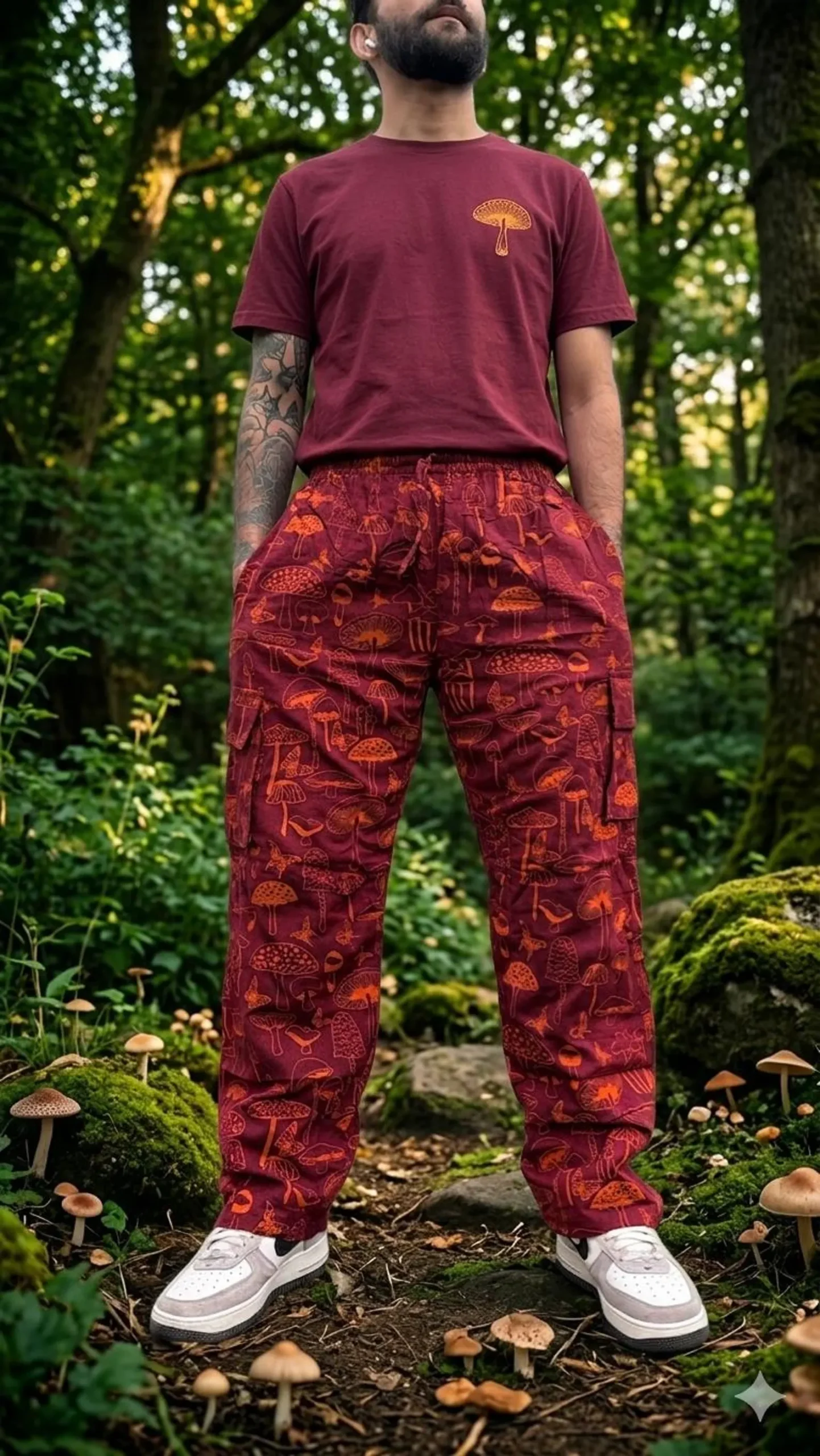 Mushroom Print Cotton Cargo Pants | Unisex Boho Hippie Trousers